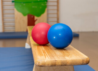 Kita / Kindergarten: Sportraum mit Bällen, Bank und Matten zum Rumtoben und Gymnastik machen - obrazy, fototapety, plakaty