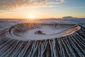 Hverfjall volcano crater from aerial view at sunrise © Cavan