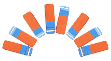 Top view of erasers for rubber pencil and ink isolated on a white background