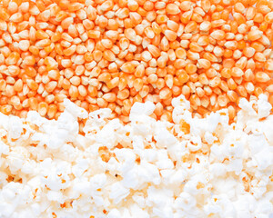 Raw corn kernels for popcorn and popcorn. Food background.