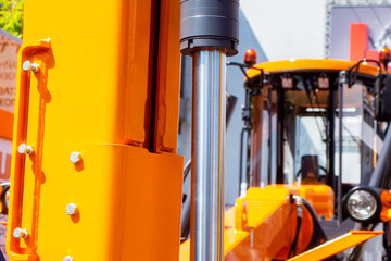 Hydraulic piston system for bulldozers, tractors, excavators, chrome plated cylinder shaft of yellow machine, construction heavy industry detail