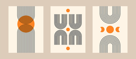 Vector set. Contemporary  compositions with geometric figures. Abstract posters.  Boho wall decor. Mid century art print. Line art. © Anastasia