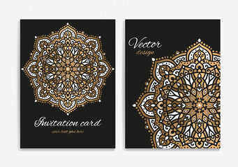 Gold and black invitation card design with vector mandala pattern. Vintage ornament template. Can be used for background and wallpaper. Elegant and classic vector elements great for decoration.