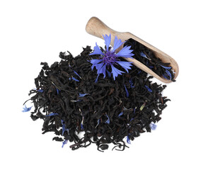 Dried cornflower tea and fresh flower on white background, top view