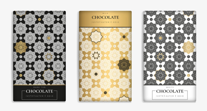 Vintage set of chocolate bar packaging design. Vector luxury template with ornament elements. Can be used for background and wallpaper. Great for food and drink package types.

