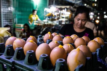 Poached Eggs Sit Ready To Serve In Saigon Night Street Food Market