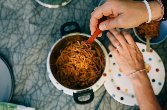 Pasta In A Pan Cooked On A Family Campsite In Wales, UK