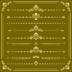 Fototapeta premium Vintage set of vector golden elements. Horizontal separators in the frame. Collection of different ornaments. Classic golden patterns. Set of vintage patterns