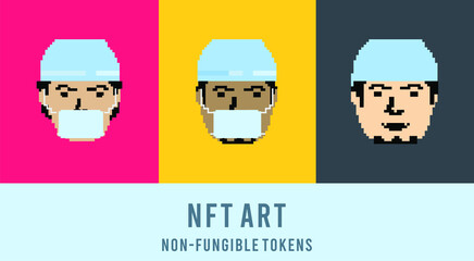 Icons of doctors and nurse faces with masks - NFT style pixel art. Healthcare and medical personnel heads, vector illustrations.