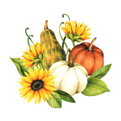 Watercolor floral design card with pumpkins and flowers. Autumn illustration.	