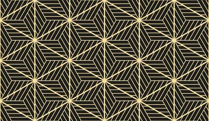 Behang Abstract geometrisch patroon met strepen, lijnen. Naadloze vectorachtergrond. Goud en zwart ornament. Eenvoudig rooster grafisch ontwerp © ELENA