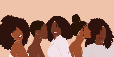 Group of African American pretty girls. Female portrait. Black beauty concept. Vector Illustration of Black Woman. Great for avatars. Fashion, beauty - 442802319