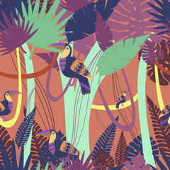 Seamless vector botanical pattern colourful abstract design of tropical forest with toucans in dark colors