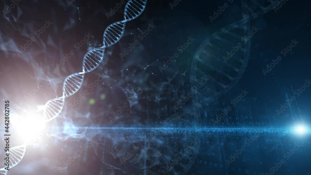 Wall mural abstract digital rotating dna molecule on futuristic shiny copy space background.