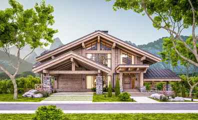 3d rendering of modern cozy chalet with pool and parking for sale or rent.  Massive timber beams columns. Beautiful forest mountains on background. Clear summer evening with cozy light from window