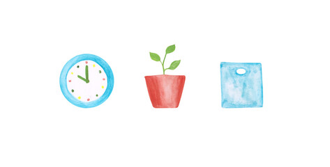Watch, plant in a pot, container isolated on a white background. School objects. Watercolor clipart. Flower in a pot, blue box, and a wall watch illustration. Interior decor elements.