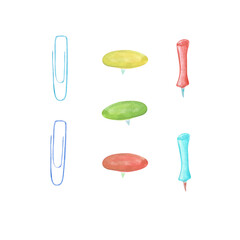 Set of 7 paper clips and pins isolated on a white background. Colorful pin illustration. Watercolor school supplies clipart. Collection of office tools. Multicolored plastic clip and pin.