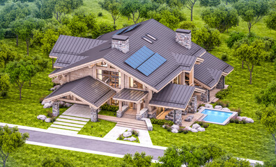 3d rendering of modern cozy chalet with pool and parking for sale or rent.  Massive timber beams columns. Beautiful forest mountains on background. Clear summer evening with cozy light from window