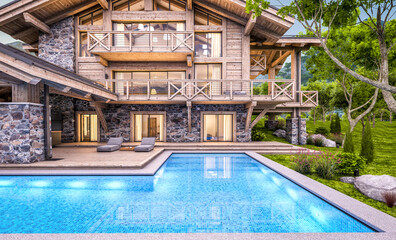 3d rendering of modern cozy chalet with pool and parking for sale or rent.  Massive timber beams columns. Beautiful forest mountains on background. Clear summer evening with cozy light from window