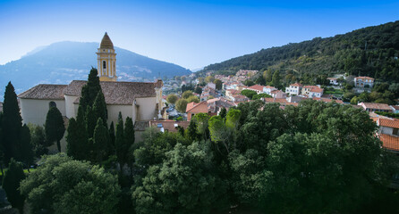 Fototapeta na wymiar Church and village of la turbie on the french riviera