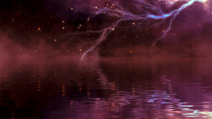 Dramatic background of the night sky, thunderstorm, lightning. Smoke, fog, smog against the background of the city landscape. Natural night landscape, night sky, wet asphalt, puddles.