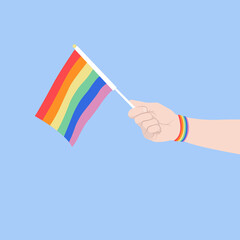 vector illustration hand holding LGBT flag, same-sex love concept