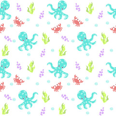Colored sealife pattern with octopuses and fishes Vector