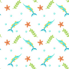 Fototapeta na wymiar Colored sealife pattern with swordfishes and seaweeds Vector