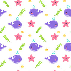 Colored sealife pattern with shales and seastars Vector illustration