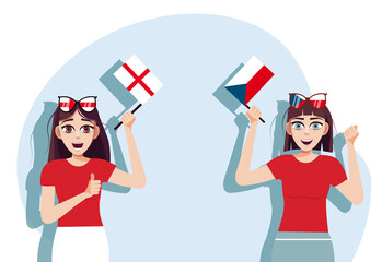 English and Czech flags. Background for the inscription with flags. The concept of the competition between England and Czech Republic. Feelings and emotions of female cheerleaders.
