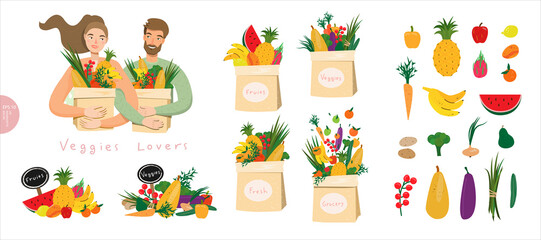 Vegan and vegetarian food set. Happy people with packages of raw vegetables and fresh fruits. The psychology of proper nutrition and eco lifstyle.