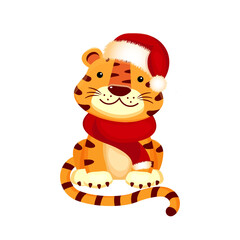 Cute illustration of a tiger cub in winter clothes, hat, scarf, isolated on white background.