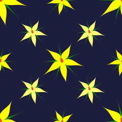 Fototapeta na wymiar yellow flowers of tomatoes on a dark background. Seamless background. design for printing on textiles, packaging. Vector, illustration