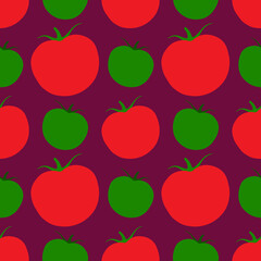 Seamless background. Green and red tomatoes on a red background. Vegetable design for printing on textiles, packaging. Vector, illustration