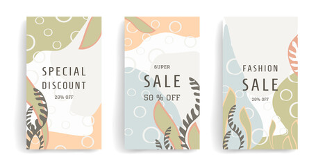 Vector set for social media stories banners, mobile, apps, adsand post. Background template with copy space for text and images design by abstract colored shapes. Creative tropical leaves warm color