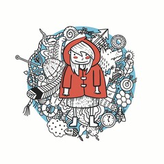 The little girl in a red coat. Red riding hood and a lot of small things on the background.