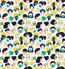 Decorative diverse women men wearing medical mask head seamless pattern background.