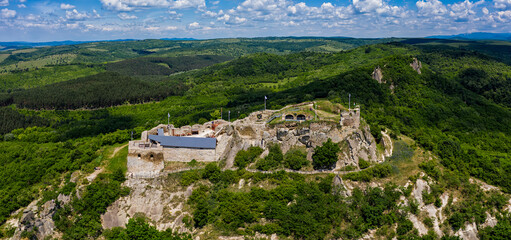 Aerial panoramic view of Fortress in Sirok in the Matra Mountain, Hungary