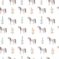 Seamless texture, unicorns on the background of plants . Design for textile, wallpaper.