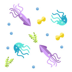 Colored sealife pattern with squids and jellyfishes Vector