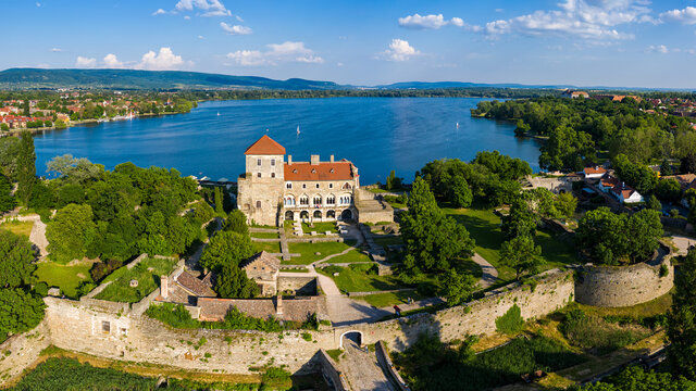 Aerial panoramic view of the Tata Castle, in Hungary with the &Ouml;reg T&oacute; (Old Lake) in the background