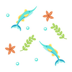 Colored sealife pattern with swordfishes and seastars Vector