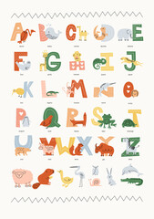 Vector children's poster with the Portuguese alphabet and animals, with captions to them. Flat modern illustration in muted colors with simple light drawings