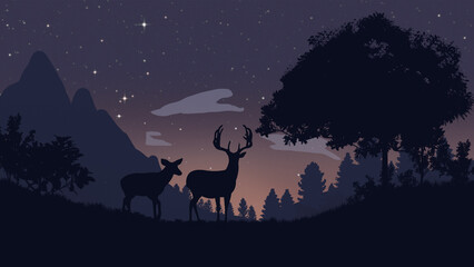 Deer against the background of the night forest. Starry sky. A pair of deer. Summer forest. - 442807348