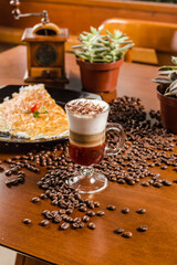 Delicious Layered Cappuccino Coffee Drink Cinnamon Chocolate Caramel Breakfast On Wooden Table Baker Bakery