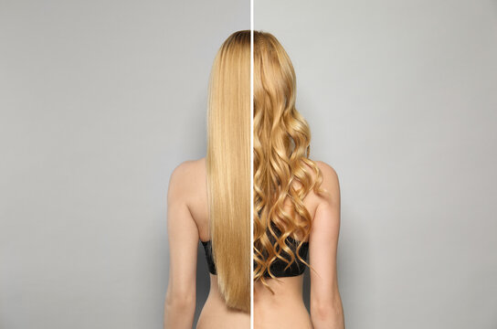 Young woman with long hair before and after using curlers on grey background, collage