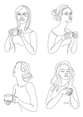 Collection. Silhouettes of a lady, she is holding a cup of coffee, tea in a modern one-line style. Solid line, aesthetic outline for home decor, posters, stickers, logo. Vector illustration set.