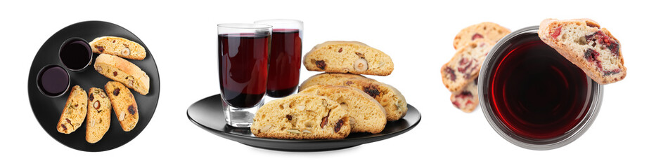 Set with tasty cantucci and glasses of liqueur on white background, banner design. Traditional Italian biscuits
