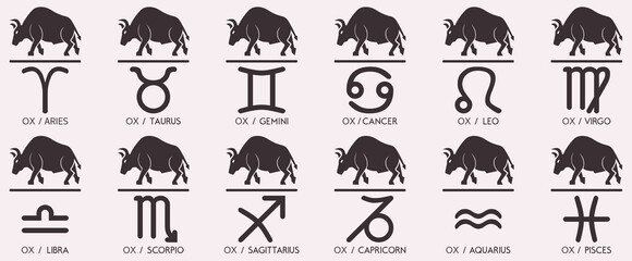 Vector year of the ox Animal icons eastern annual horoscope and zodiac signs in one symbol 2021 2033 2045 2057 years