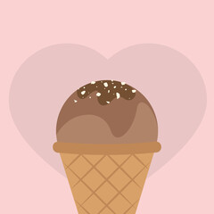 Ice cream cone vector illustration in flat style. One ball of waffle ice cream with chocolate and nuts in cone